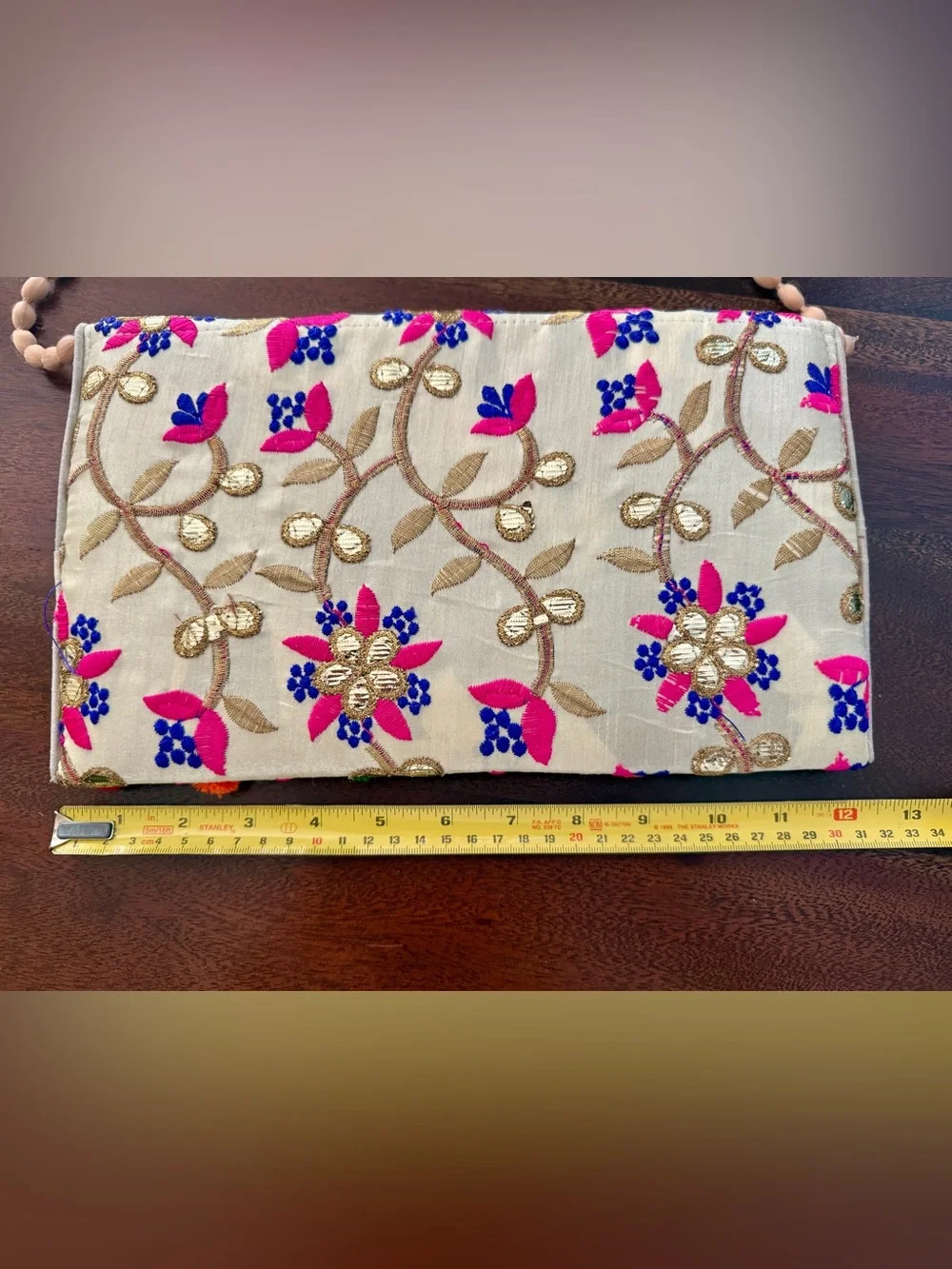 Anthropologie Embroidered Cream Clutch with Multicolor Pom Poms